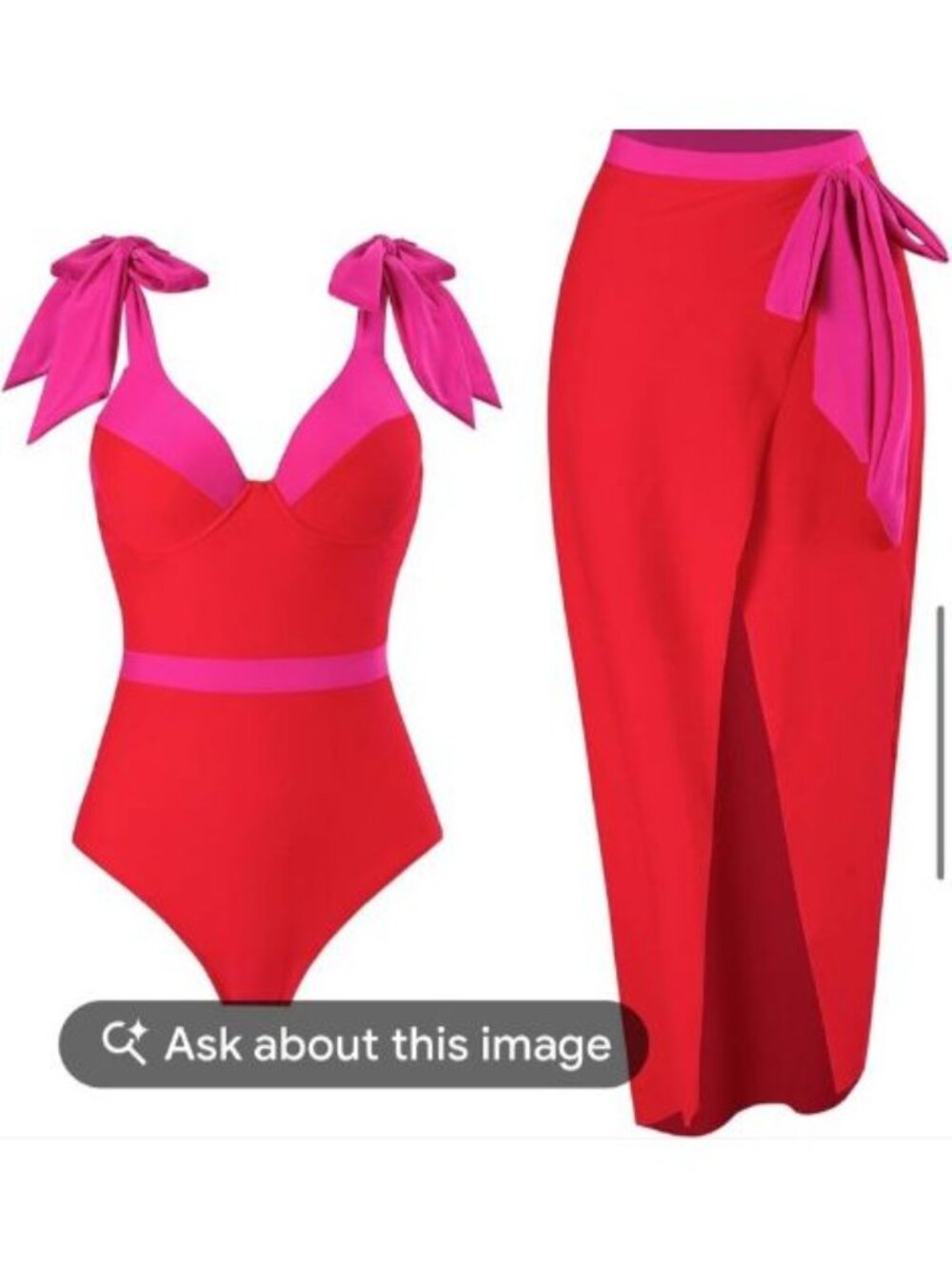 Idopip 1 Piece Swimsuit Matching Sarong Sz L Built in Cups Pink Red Bow Straps